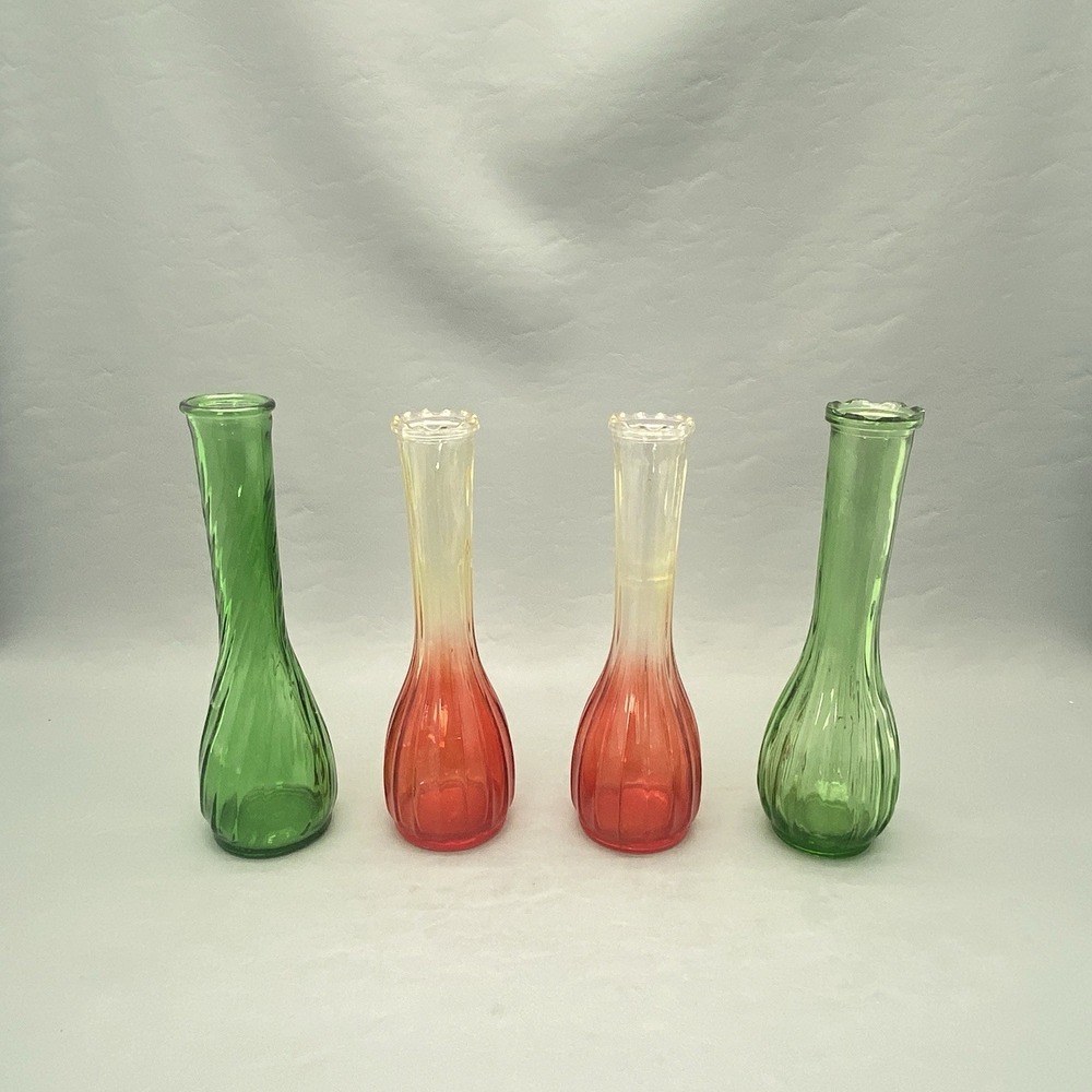 Vintage Glass Vase Lot Hoosier Green Swirl PGC Ribbed Amberina Red Yellow